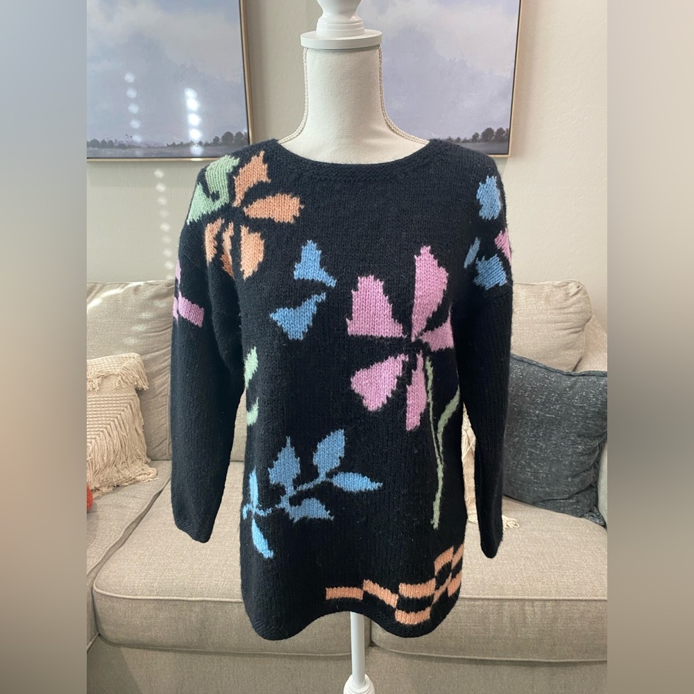 80s abstract sweater vintage black 80s sweater, Liz Claiborne, 100% Wool